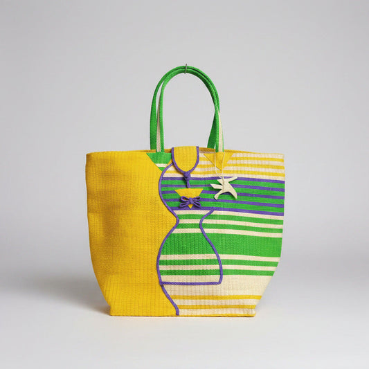 Tote Bag Africana XL – Plástico Reciclado Tejido a Mano (Amarillo/Verde)